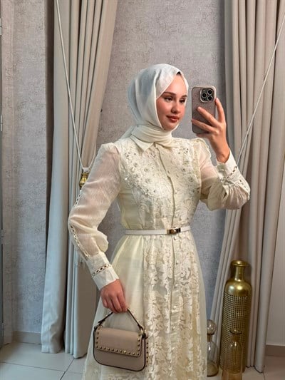 MMZ Boncuk İşlemeli Dantel Detaylı Elbise
