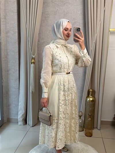 MMZ Boncuk İşlemeli Dantel Detaylı Elbise