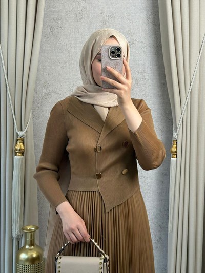 MMZ Eteği İncili Akordiyon Elbise Camel
