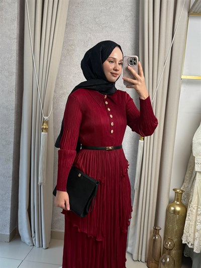 MMZ Fırfır Detaylı Düğmeli Akordiyon Elbise Bordo
