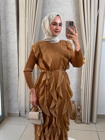 MMZ Fırfırlı Akordiyon Elbise Camel