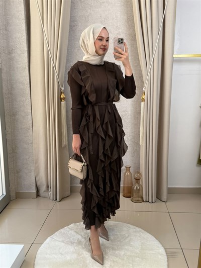 MMZ Fırfırlı Akordiyon Elbise Kahverengi