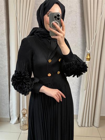 MMZ Kol Detaylı Ceket Yaka Akordiyon Elbise Siyah