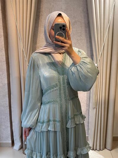 MMZ Taş Baskılı Fırfırlı Elbise Mint