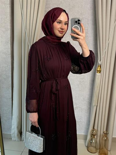 MMZ Taş Baskılı Şifon Elbise Bordo