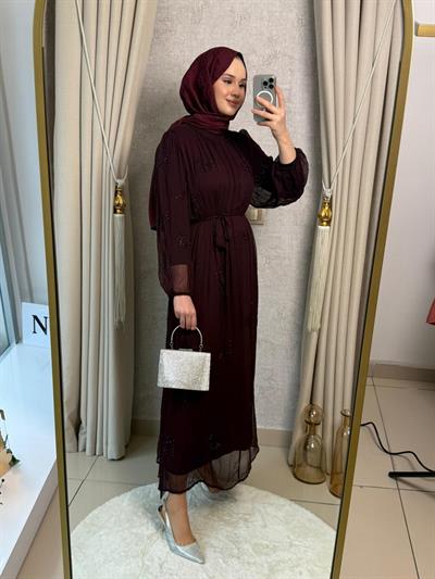 MMZ Taş Baskılı Şifon Elbise Bordo