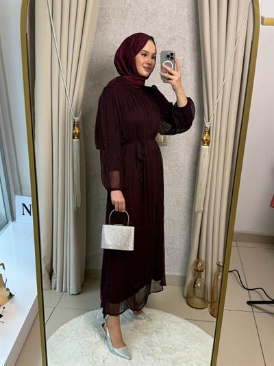 MMZ Taş Baskılı Şifon Elbise Bordo