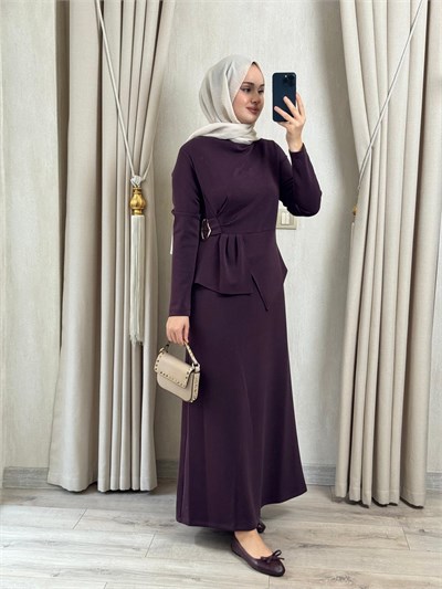 Nuss 2051 Gold Tokalı Elbise Mürdüm