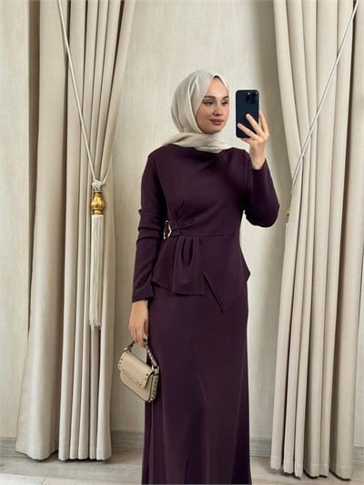 Nuss 2051 Gold Tokalı Elbise Mürdüm