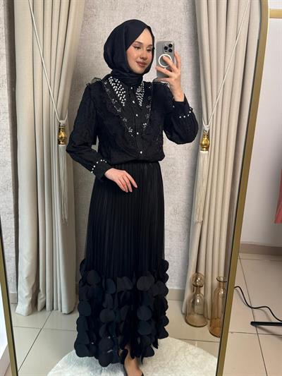 MMZ Motif Detay Petek Tül Etek Siyah