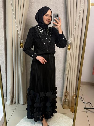 MMZ Motif Detay Petek Tül Etek Siyah