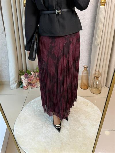 Sentez 5482 Leopar Şifon Kırıştırma Etek Bordo
