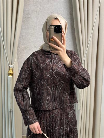 Miori Ethnic Pilise Soft Touch  Şifon Etekli Takım Kahverengi