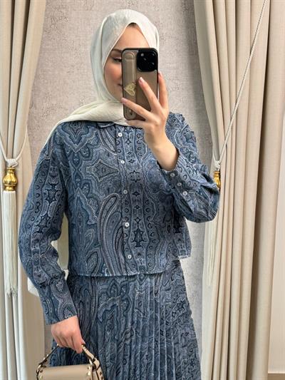 Miori Ethnic Pilise Soft Touch  Şifon Etekli Takım Mavi