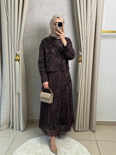 Miori Ethnic Pilise Soft Touch  Şifon Etekli Takım Kahverengi