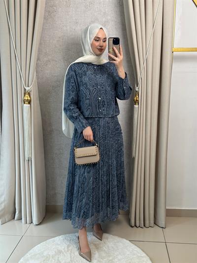 Miori Ethnic Pilise Soft Touch  Şifon Etekli Takım Mavi