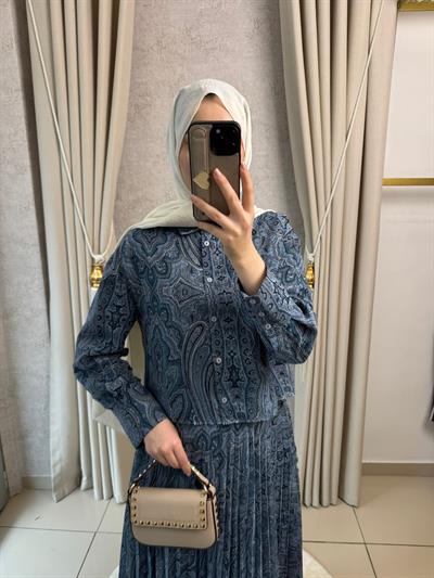 Miori Ethnic Pilise Soft Touch  Şifon Etekli Takım Mavi