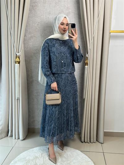 Miori Ethnic Pilise Soft Touch  Şifon Etekli Takım Mavi