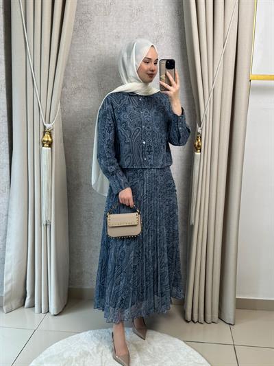 Miori Ethnic Pilise Soft Touch  Şifon Etekli Takım Mavi