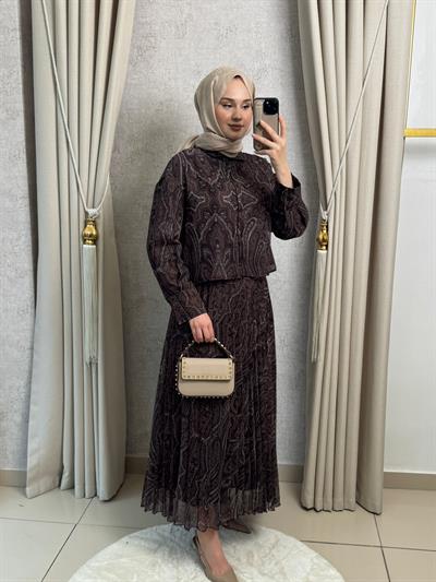 Miori Ethnic Pilise Soft Touch  Şifon Etekli Takım Kahverengi