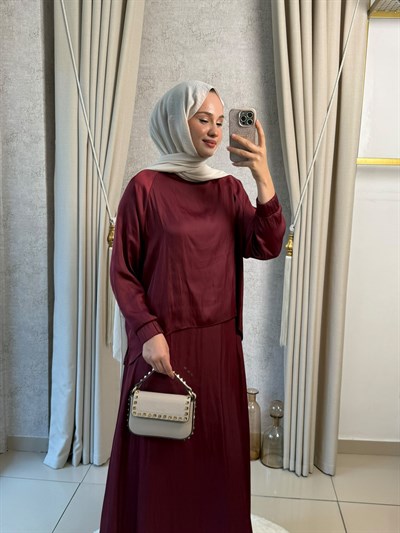 Miori Ramos Premium Saten Etekli Takım Bordo