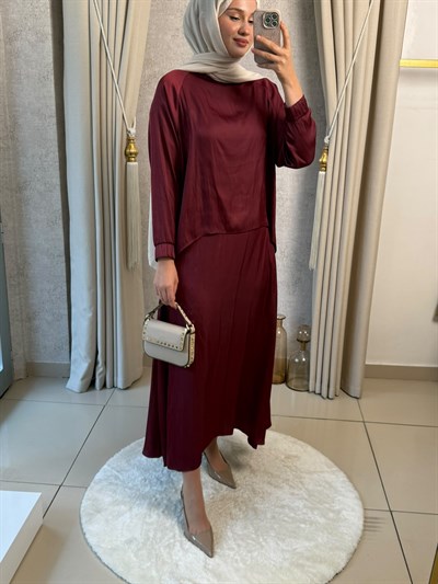 Miori Ramos Premium Saten Etekli Takım Bordo