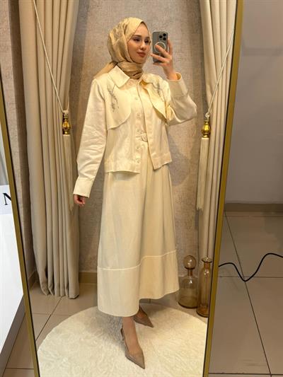 Nuss 1044 Taş İşlemeli Etekli Takım Ekru