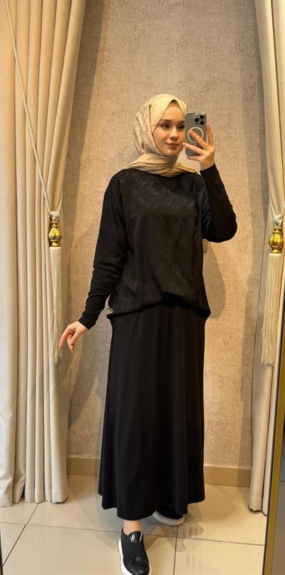 Nuss 1058 Bluzu Büzgü Detaylı Etekli Takım Siyah