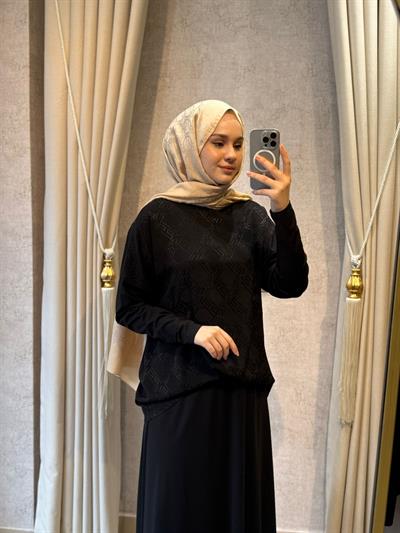 Nuss 1058 Bluzu Büzgü Detaylı Etekli Takım Siyah