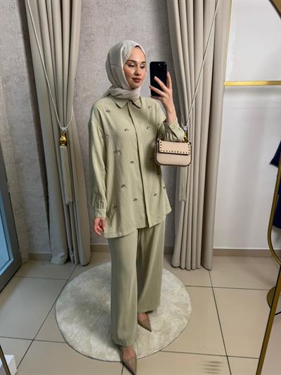 Nuss 1064 Taş İşlemeli Pantolonlu Takım Gölge