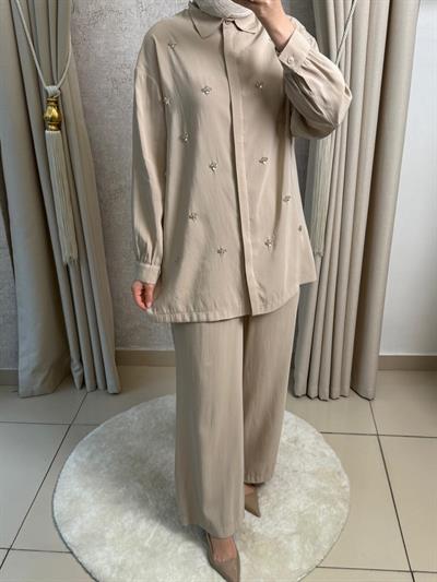 Nuss 1064 Taş İşlemeli Pantolonlu Takım Kumsal