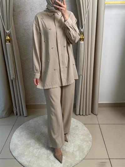 Nuss 1064 Taş İşlemeli Pantolonlu Takım Kumsal
