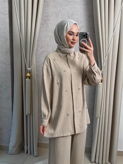 Nuss 1064 Taş İşlemeli Pantolonlu Takım Kumsal