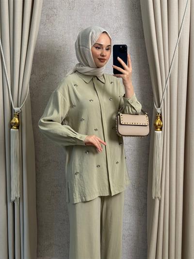 Nuss 1064 Taş İşlemeli Pantolonlu Takım Gölge