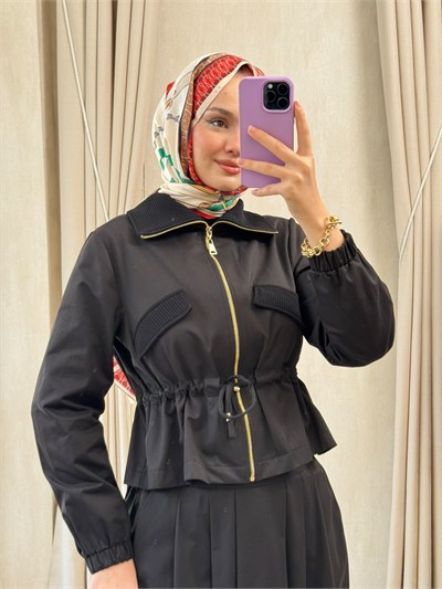NUSS 1068 Yaka Ribanalı Koton Takım Siyah