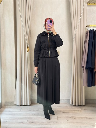 NUSS 1068 Yaka Ribanalı Koton Takım Siyah