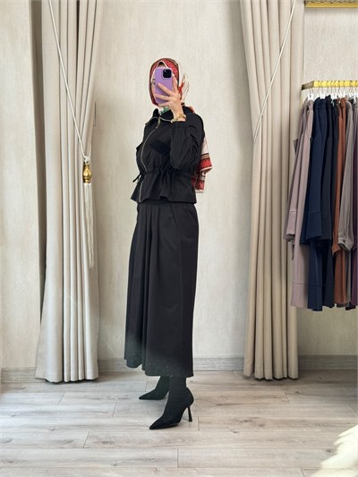 NUSS 1068 Yaka Ribanalı Koton Takım Siyah