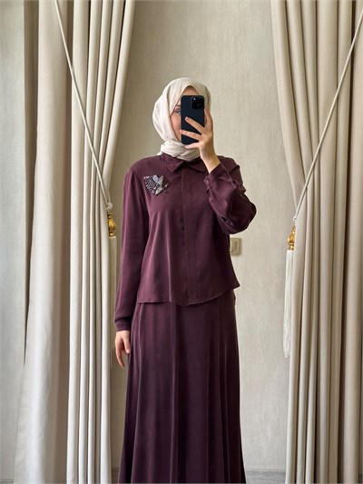NUSS 1084 Yakası Yaprak Boncuk İşlemeli Etek Takım Mürdüm