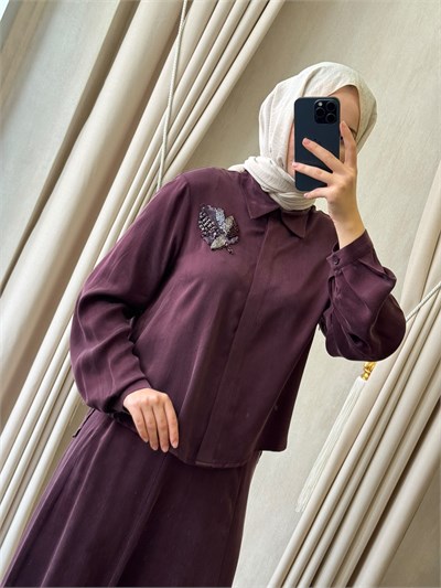 NUSS 1084 Yakası Yaprak Boncuk İşlemeli Etek Takım Mürdüm