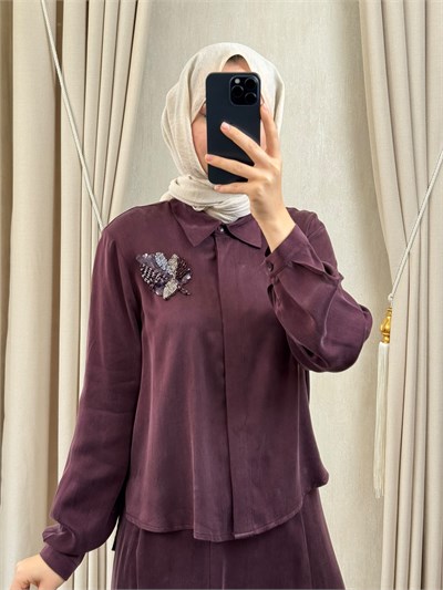 NUSS 1084 Yakası Yaprak Boncuk İşlemeli Etek Takım Mürdüm
