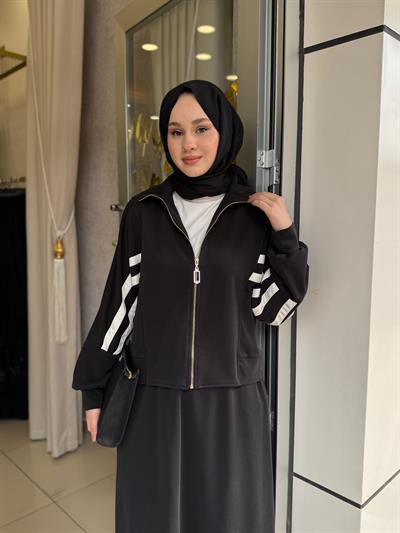 Nuss 1096 Kolları Çift Şerit Detaylı Etekli Takım Siyah
