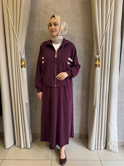 Nuss 1096 Kolları Çift Şerit Detaylı Etekli Takım MÜRDÜM