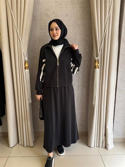 Nuss 1096 Kolları Çift Şerit Detaylı Etekli Takım Siyah