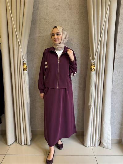 Nuss 1096 Kolları Çift Şerit Detaylı Etekli Takım MÜRDÜM