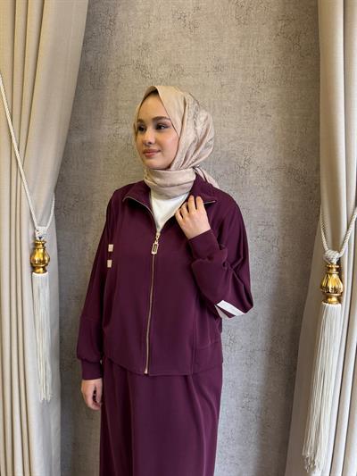 Nuss 1096 Kolları Çift Şerit Detaylı Etekli Takım MÜRDÜM