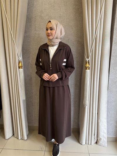 Nuss 1096 Kolları Çift Şerit Detaylı Etekli Takım Kahverengi