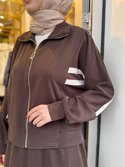 Nuss 1096 Kolları Çift Şerit Detaylı Etekli Takım Kahverengi