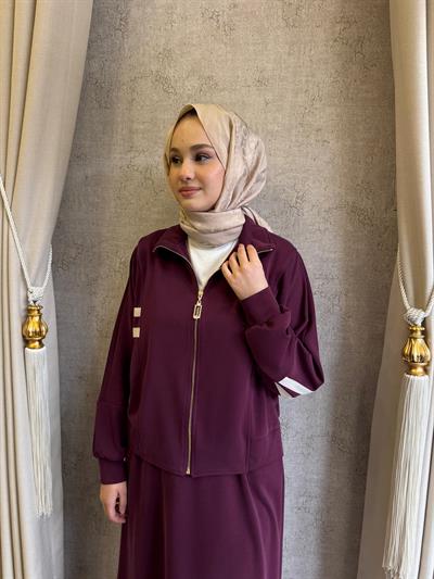 Nuss 1096 Kolları Çift Şerit Detaylı Etekli Takım MÜRDÜM