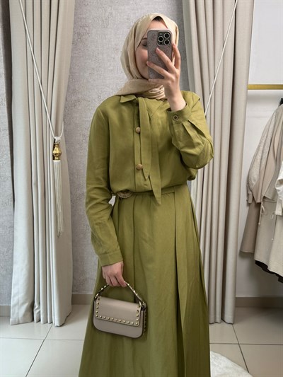 Tığ Triko 5143 Hasır Aksesuarlı Etekli Takım Olive