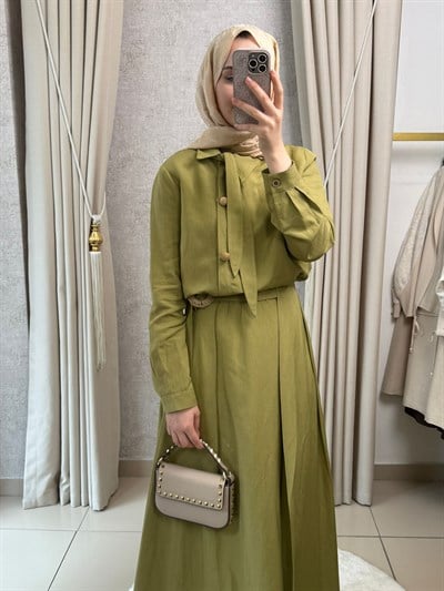 Tığ Triko 5143 Hasır Aksesuarlı Etekli Takım Olive